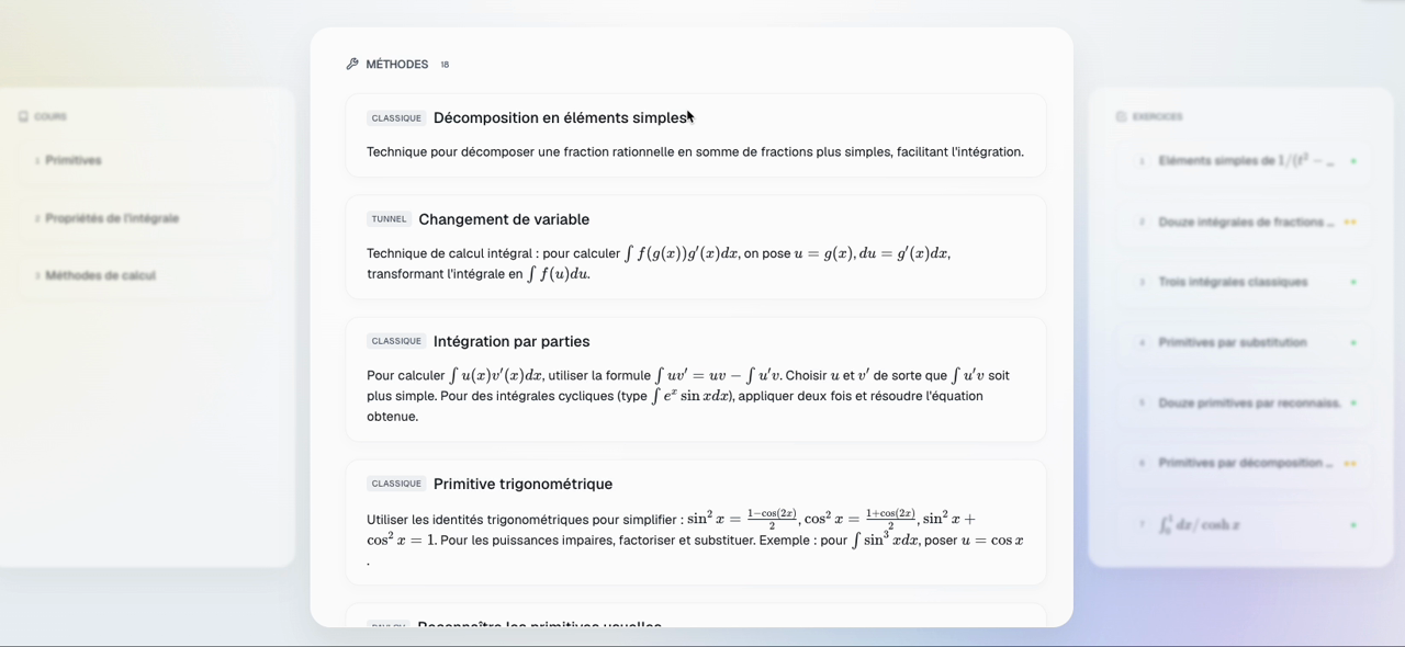 Aperçu de la plateforme Méthodes : trois colonnes Cours, Méthodes, Exercices reliées entre elles